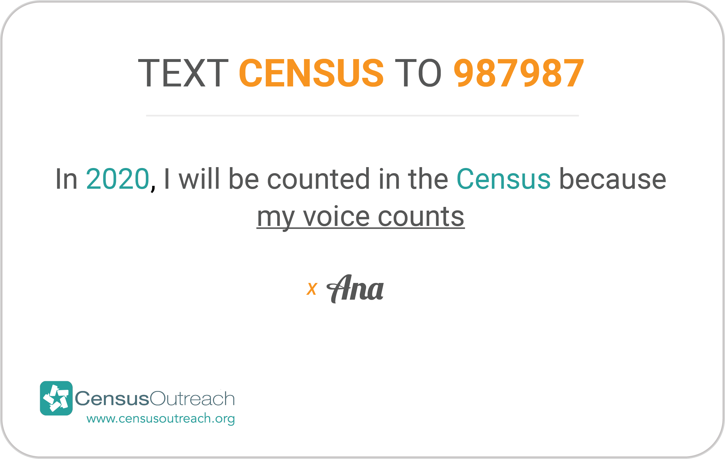 2020 Pledge Card "Text Census to 987987"